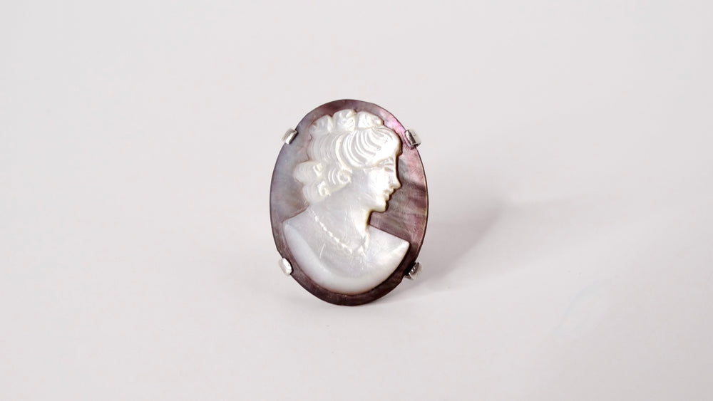 Art Nouveau Oval Iridescent Purple Shell & Sterling Silver Cameo Ring