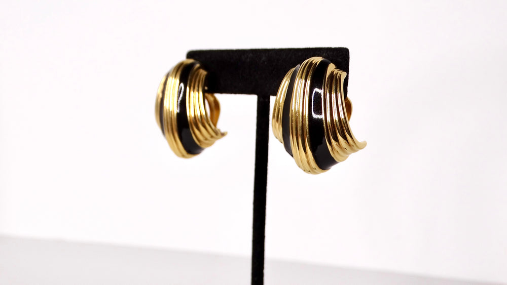 1980s David Webb Inspired Black Enamel 18k Gold Plated Striped Earrings