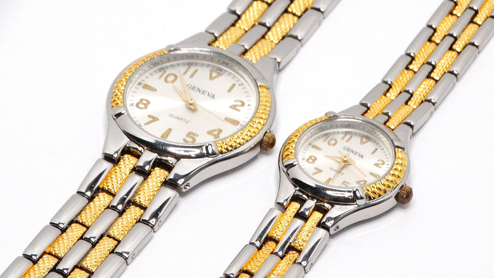 Tennis His Her Wristwatch Set Geneva Quartz Two-Tone Gold and