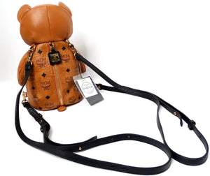 MCM Cognac Calfskin Visetos Bear Zoo Doll Backpack