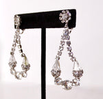 Mid-Century Evening Floral Rhinestone Teardrop Dangle Clip-On Earrings