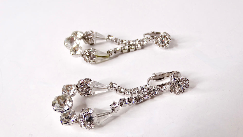 Mid-Century Evening Floral Rhinestone Teardrop Dangle Clip-On Earrings