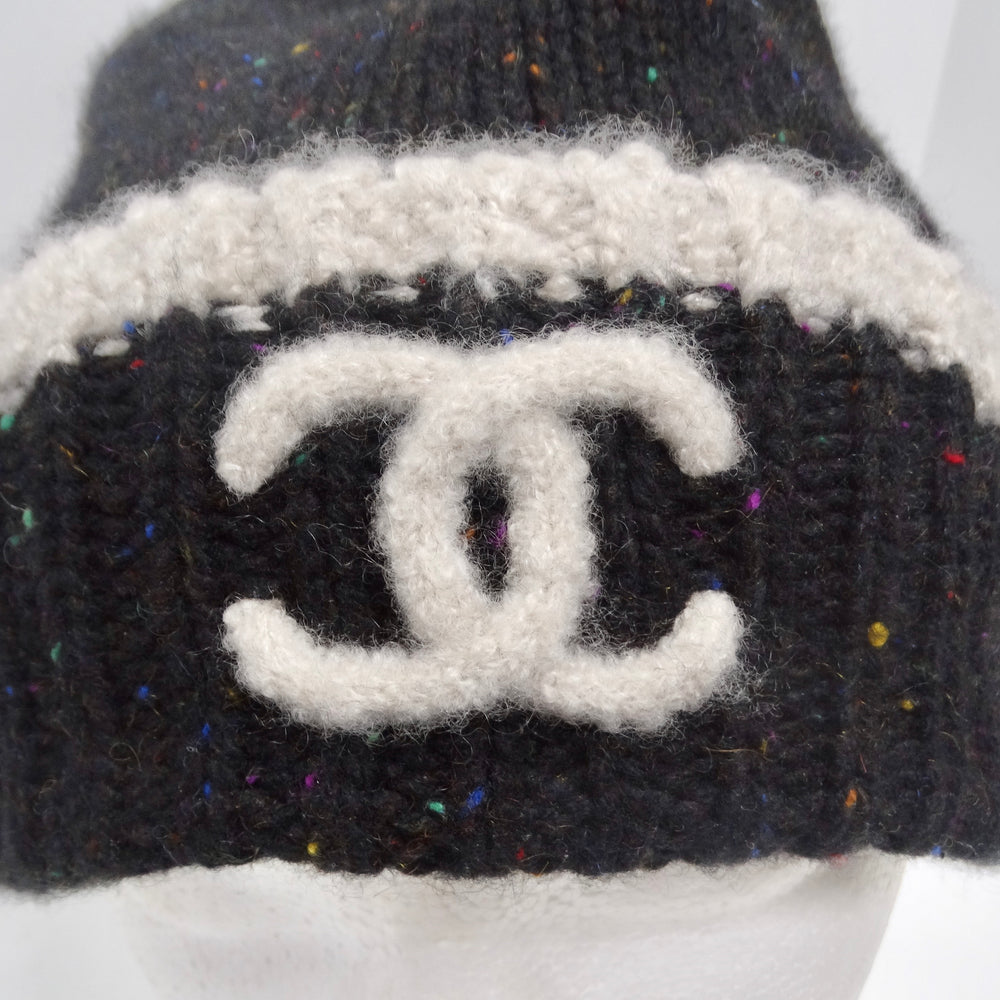 Chanel CC Black Rainbow Specks Cashmere Beanie Hat