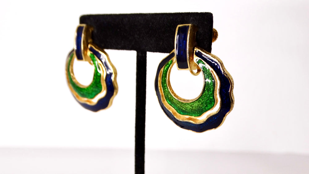 1980s David Webb Inspired Blue & Green Enamel 18k Gold Plated Earrings