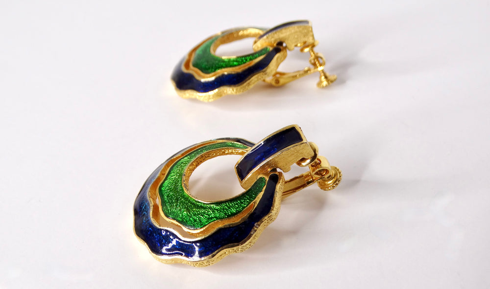 1980s David Webb Inspired Blue & Green Enamel 18k Gold Plated Earrings