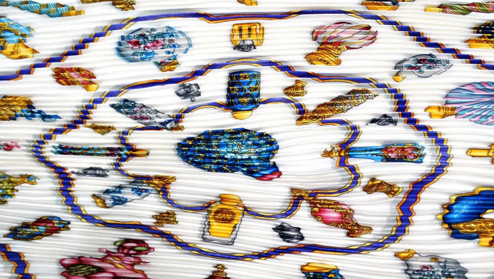 Hermes "Qu'importe le flacon" Bottle Print Silk Pleated Scarf circa 1980s