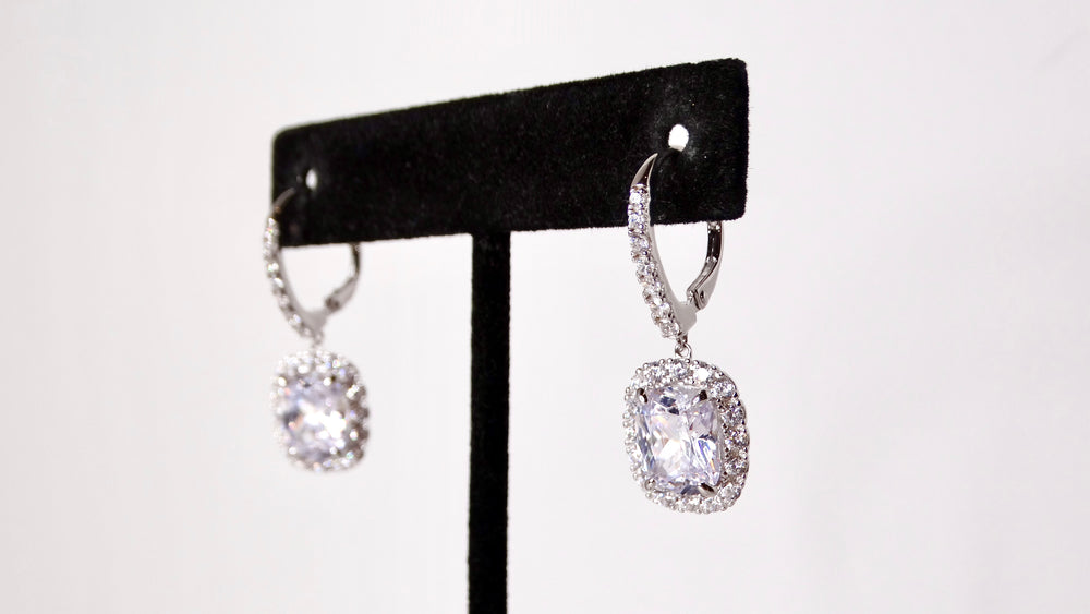 Vintage Sterling Silver Crystal Encrusted Drop Hoop Earrings