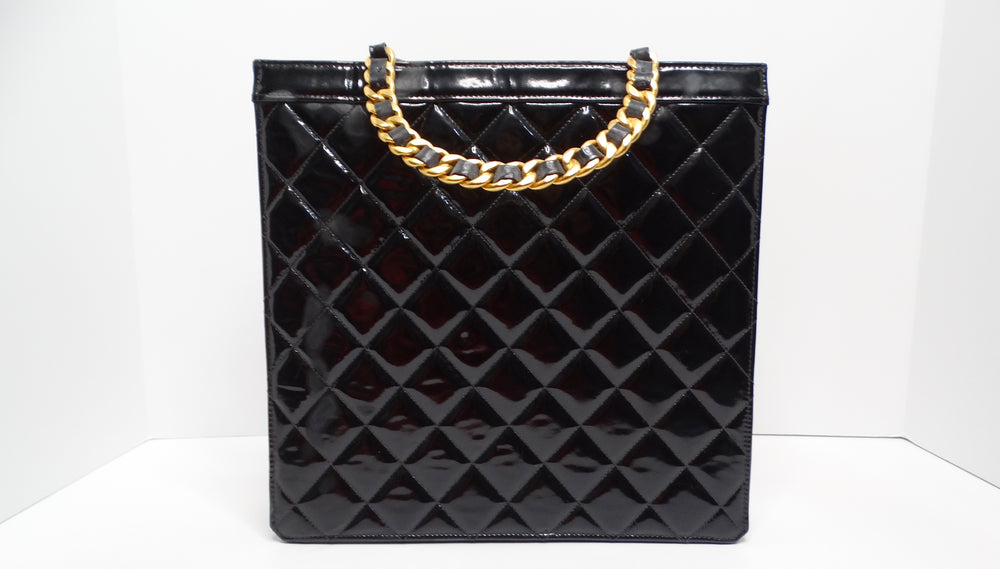 Chanel Circa 1990s Black Quilted Patent Leather Vintage Tote