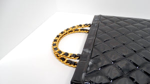 Chanel Circa 1990s Black Quilted Patent Leather Vintage Tote