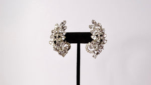 Mid Century Palm Leaf Style Rhinestone Dangle Clip-On Earrings