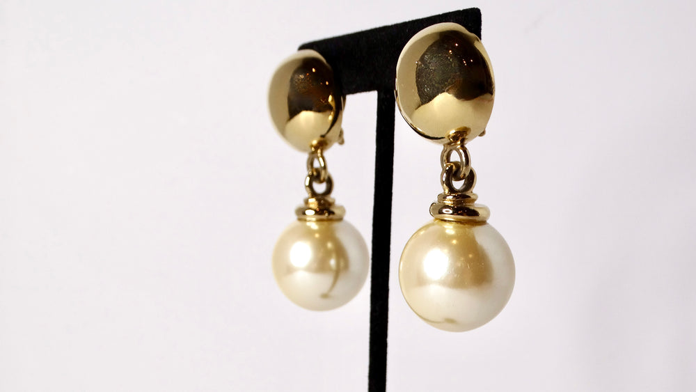 1980s Large Costume Pearl Drop 14k Gold Plated Clip-On Earrings