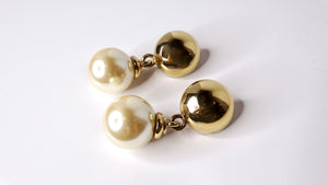 1980s Large Costume Pearl Drop 14k Gold Plated Clip-On Earrings