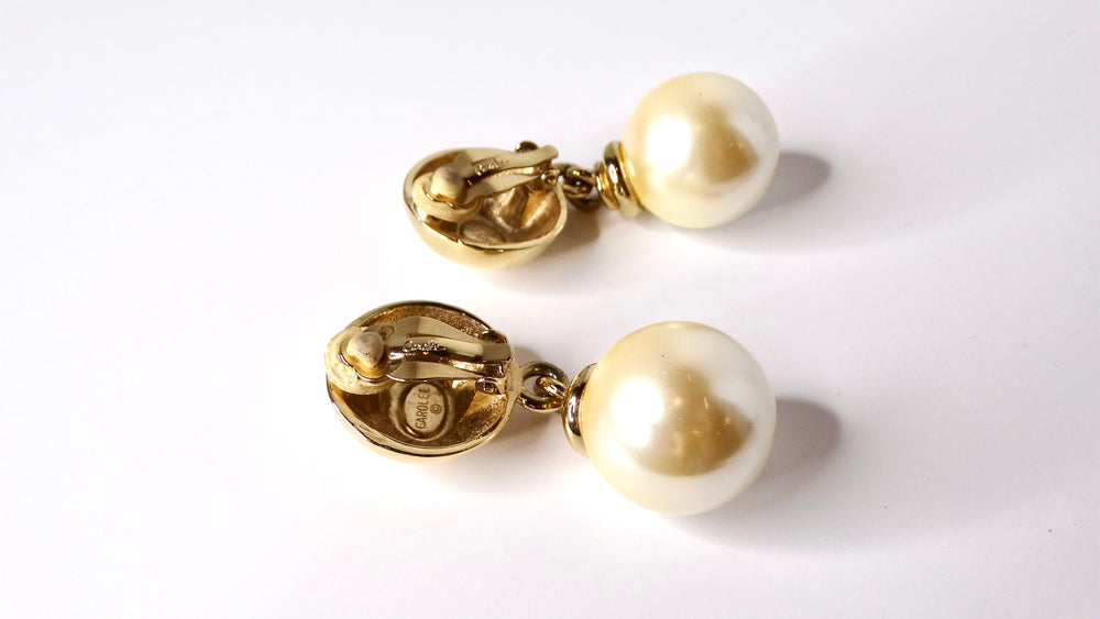 1980s Large Costume Pearl Drop 14k Gold Plated Clip-On Earrings