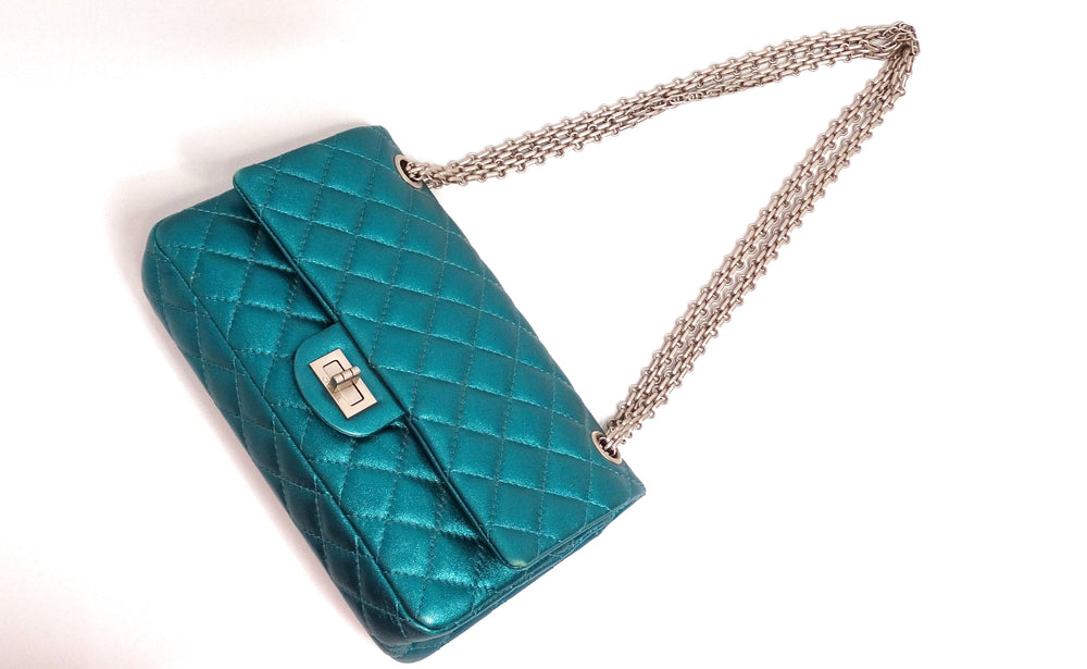 Chanel 2008 Reissue 2.55 Mademoiselle Metallic Turquoise Leather Shoulder Bag