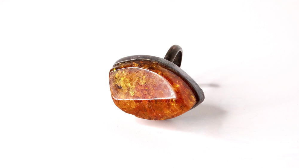 Vintage Large Costume Polished Amber Metal Cocktail Ring