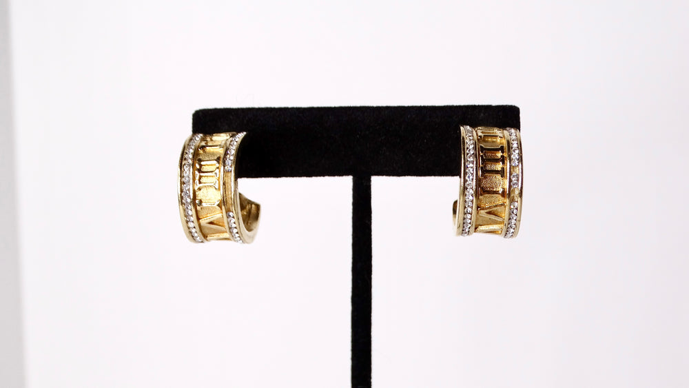 Vintage Roman Numeral Rhinestone & 14k Gold Plated Hoop Earrings