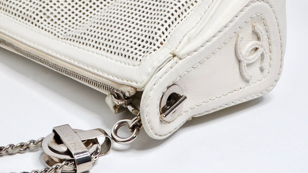 Chanel Circa 2004 Perforated White Leather Pulley Shoulder Bag