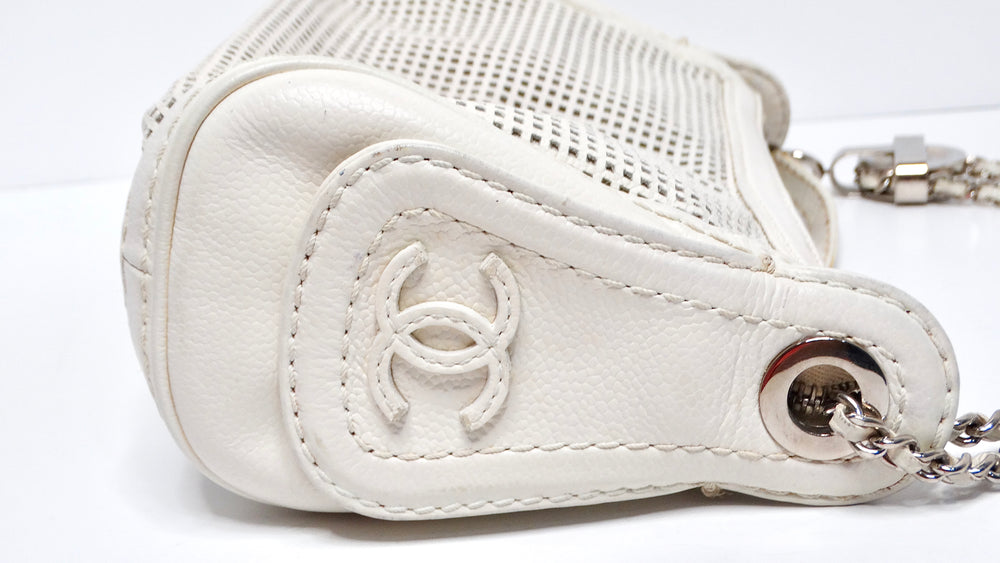 Chanel Circa 2004 Perforated White Leather Pulley Shoulder Bag