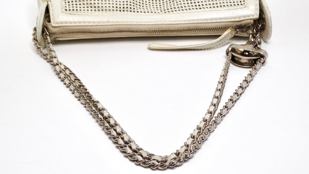 Chanel Circa 2004 Perforated White Leather Pulley Shoulder Bag