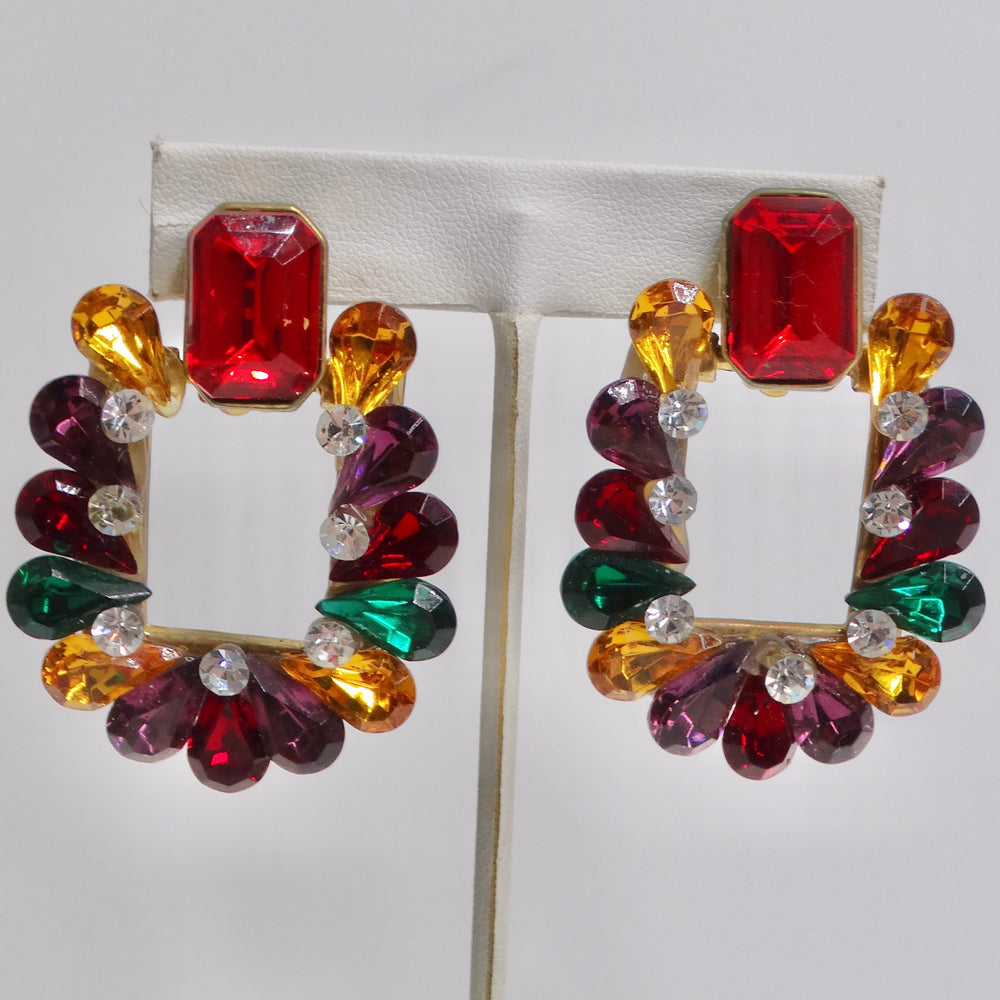 1980s Multicolor Rhinestone Clip On Earrings