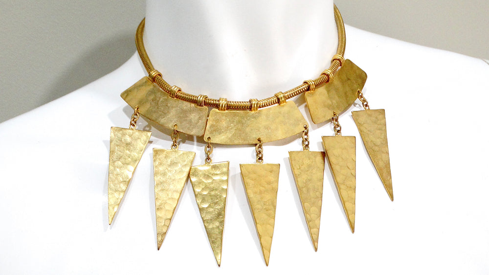 Yves Saint Laurent Vintage Hammered Gold Geometric Statement Necklace Circa 1980s