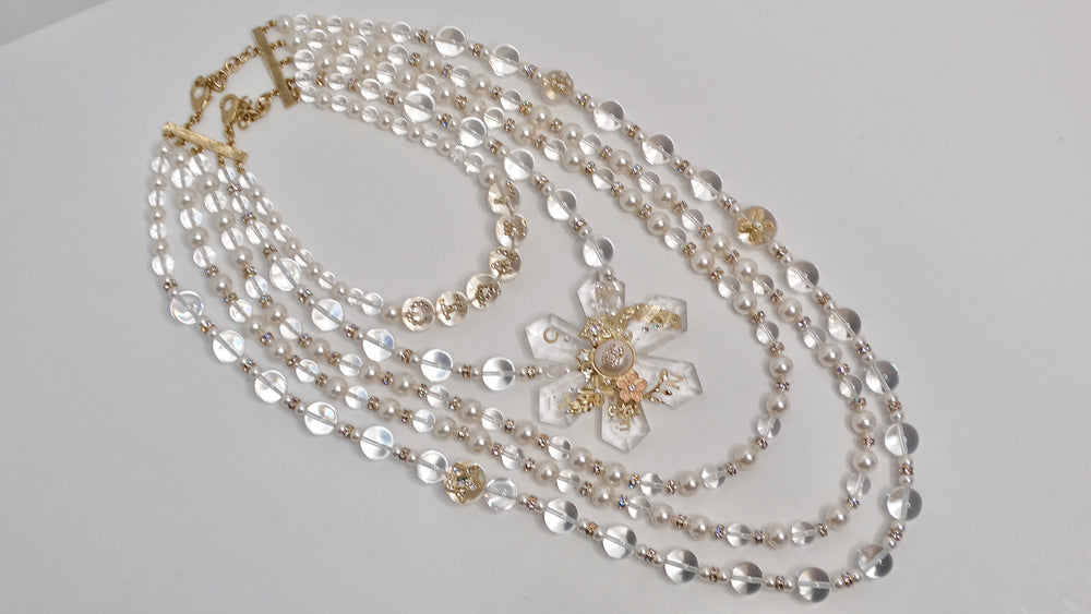 Chanel 5 Layered Pearl Beaded Flower Motif Necklace