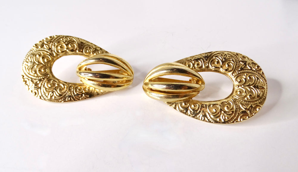 1980s French Detailed 14k Yellow Gold Plated Door Knocker Earrings