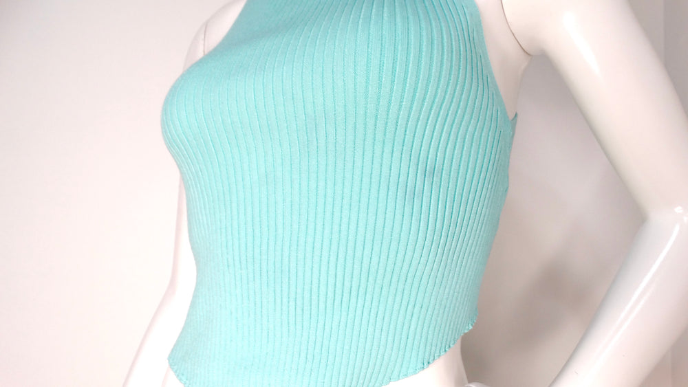 Courreges Ribbed Knit Pointed Hem Teal Tank Top