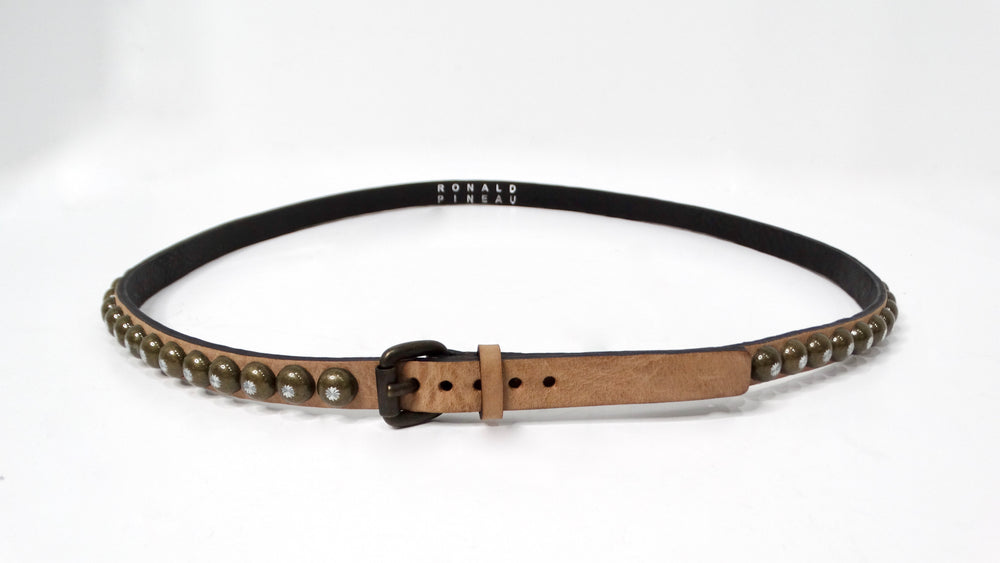 Ronald Pineau Skinny Light Brown Brass Studded Leather Belt