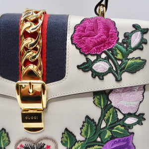Gucci White Leather Medium Sylvie Embroidered Top Handle Bag