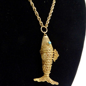 18K Gold Plated Silver Swimming Fish Necklace Circa 1970