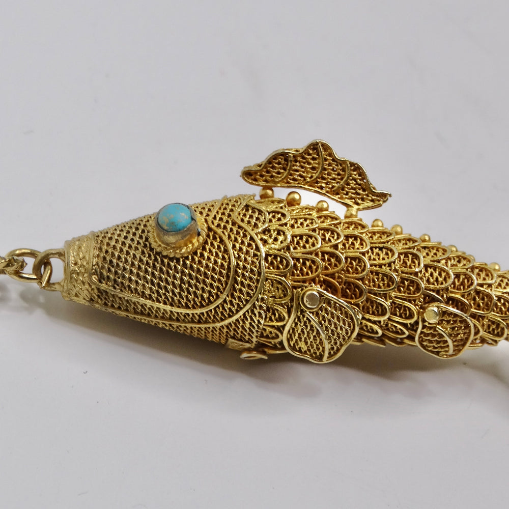 18K Gold Plated Silver Swimming Fish Necklace Circa 1970