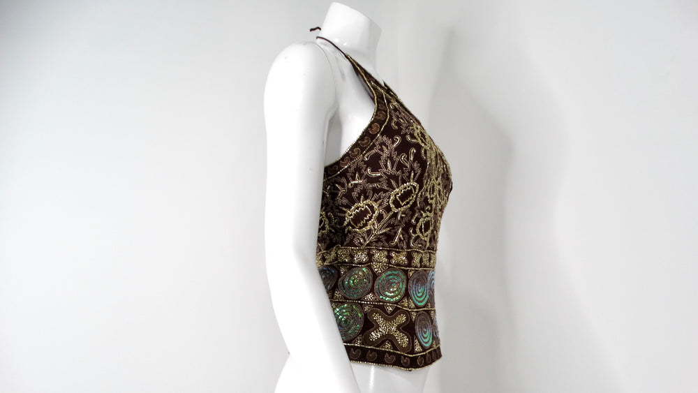 Y2K Brown & Multicolor Beaded Bustier Lace-Up Halter Top