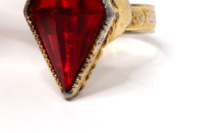 Art Deco Ruby-Toned 14k Gold Plated Carved Detail Cocktail Ring