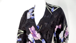 John Galliano Circa 2005 Black Kimono Style Floral Silk Top