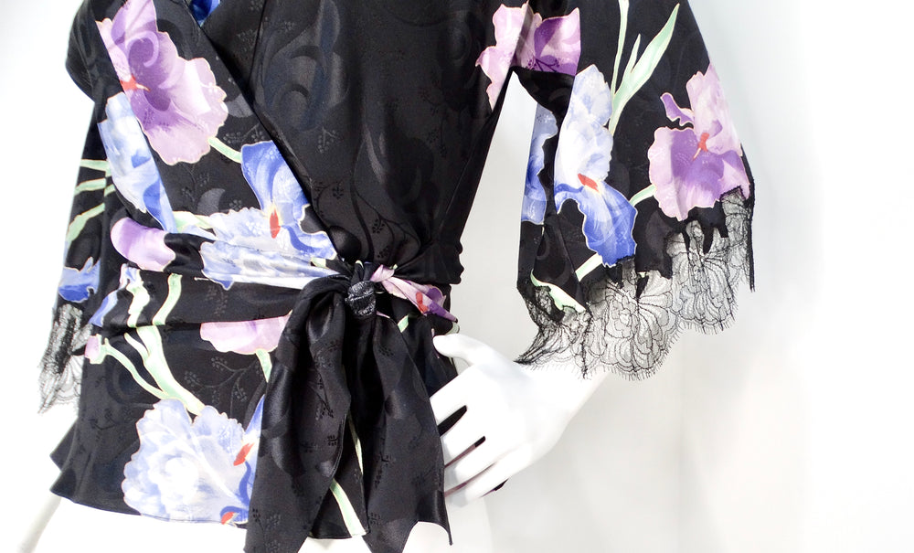 John Galliano Circa 2005 Black Kimono Style Floral Silk Top