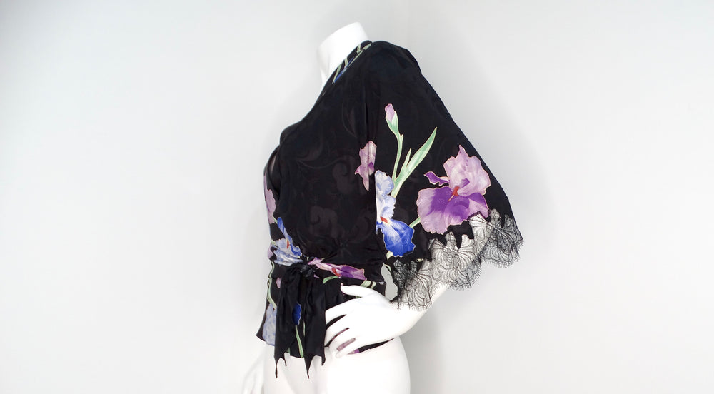 John Galliano Circa 2005 Black Kimono Style Floral Silk Top