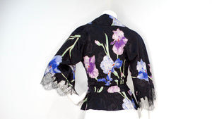 John Galliano Circa 2005 Black Kimono Style Floral Silk Top