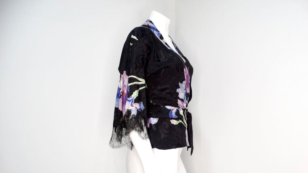 John Galliano Circa 2005 Black Kimono Style Floral Silk Top