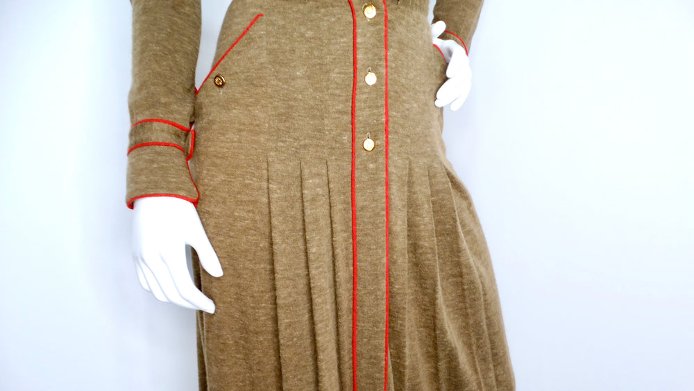 Chanel 1980s Brown Wool Button Up Pleated Long-Sleeve Dress