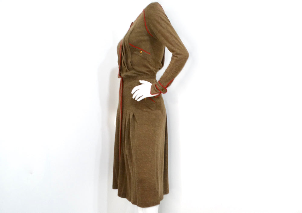 Chanel 1980s Brown Wool Button Up Pleated Long-Sleeve Dress