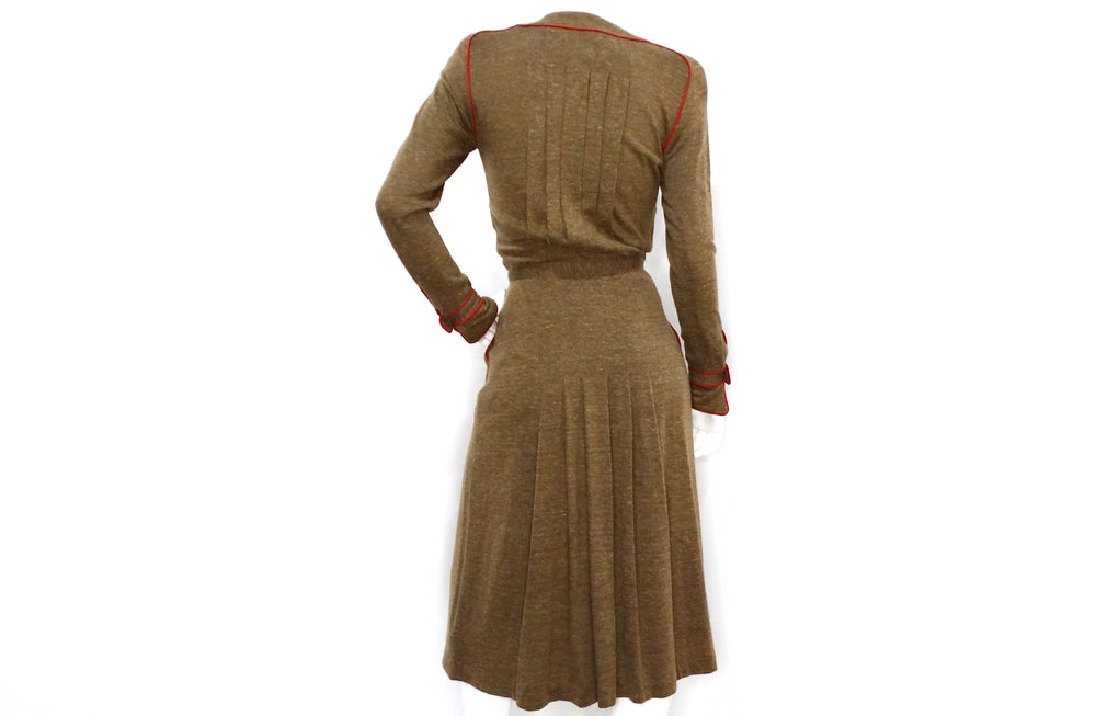 Chanel 1980s Brown Wool Button Up Pleated Long-Sleeve Dress