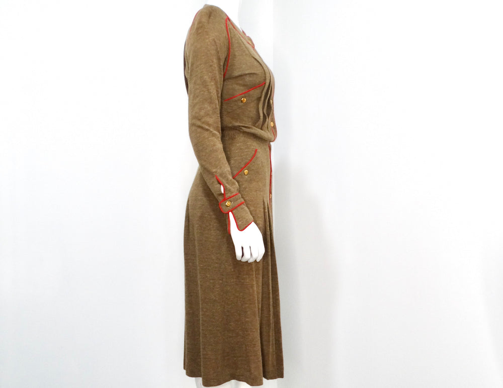 Chanel 1980s Brown Wool Button Up Pleated Long-Sleeve Dress