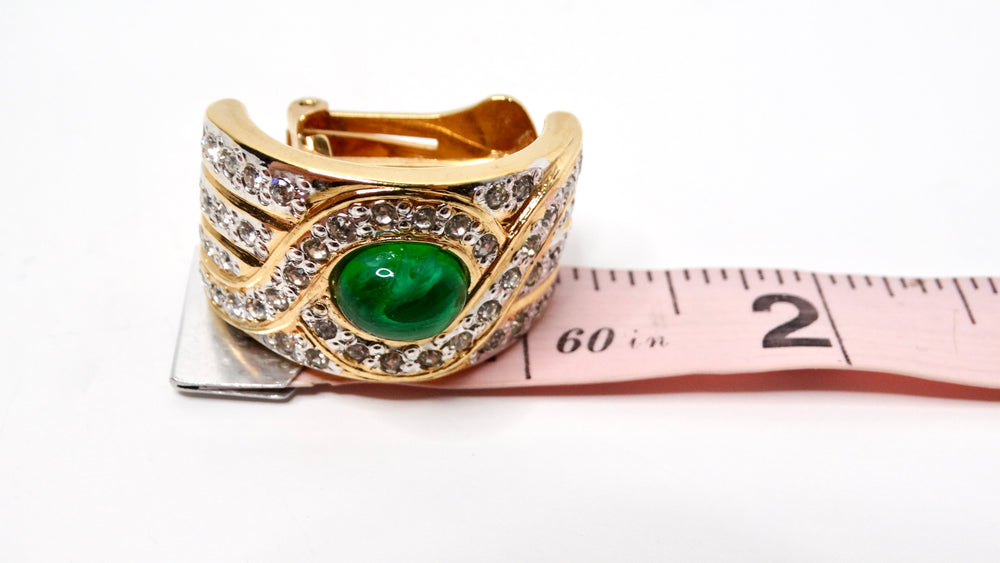 1980s Bulgari Inspired 18k Gold Plated Green & Rhinestone Statement Earrings
