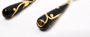 Vintage French Romantic Black Enamel & 18k Gold Plated Dangle Earrings