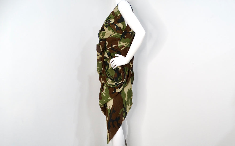 Junya Watanabe CDG 2010 Runway Green Camo Print Pleated Asymmetrical Dress