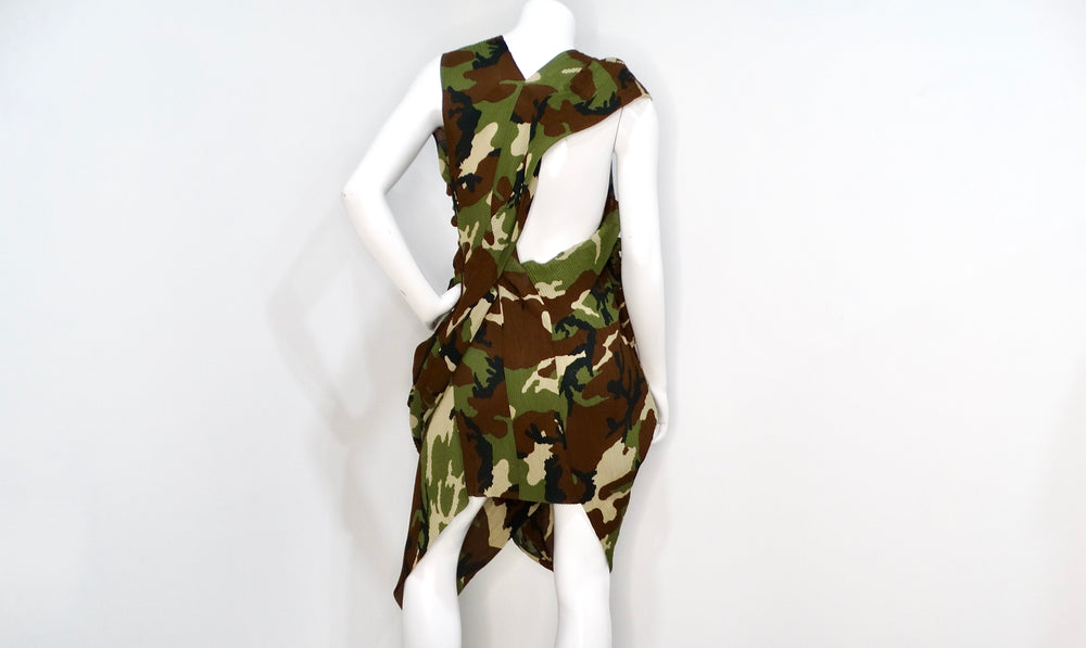 Junya Watanabe CDG 2010 Runway Green Camo Print Pleated Asymmetrical Dress