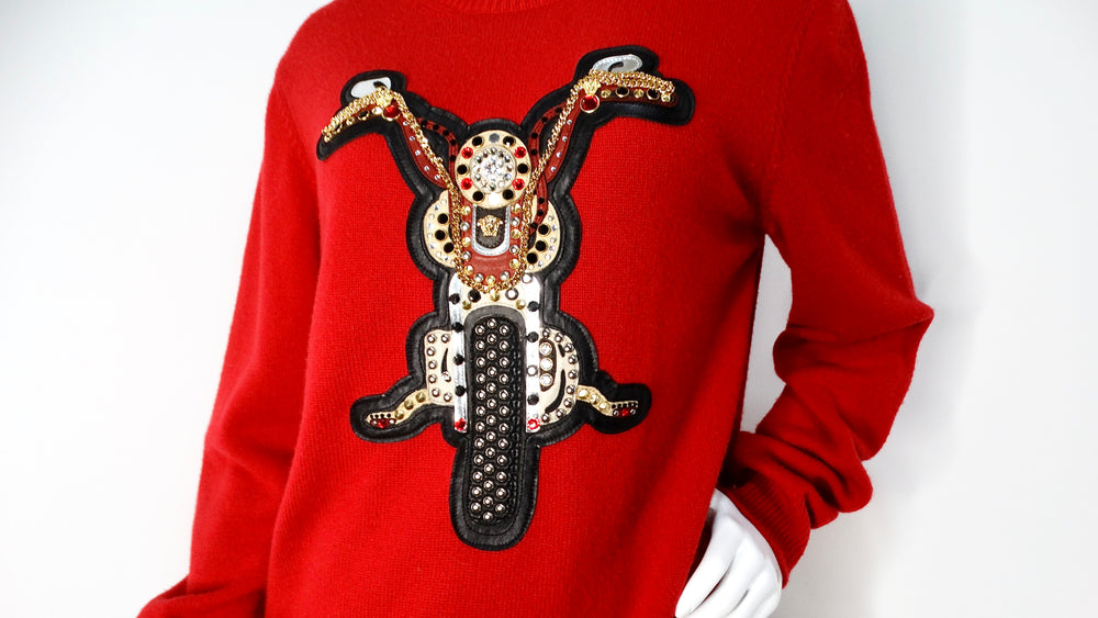 Versace 2014 Runway Red Cashmere Embellished Motorcycle Motif Crewneck Sweater