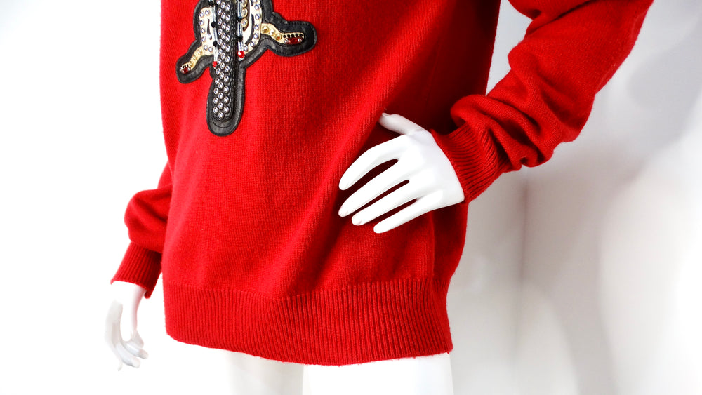 Versace 2014 Runway Red Cashmere Embellished Motorcycle Motif Crewneck Sweater