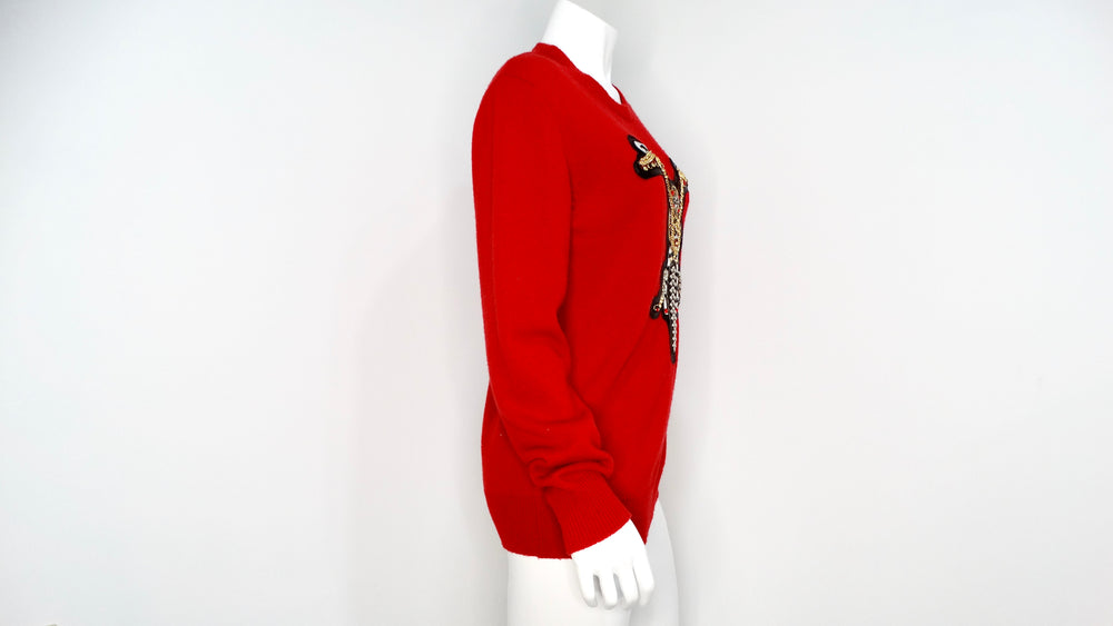 Versace 2014 Runway Red Cashmere Embellished Motorcycle Motif Crewneck Sweater